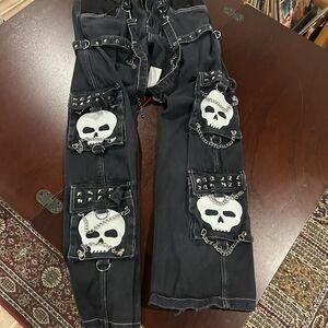 Y2K Darkrock Black Gothic Skull Cargo Pants Chains Studded Tripp Style Size 34